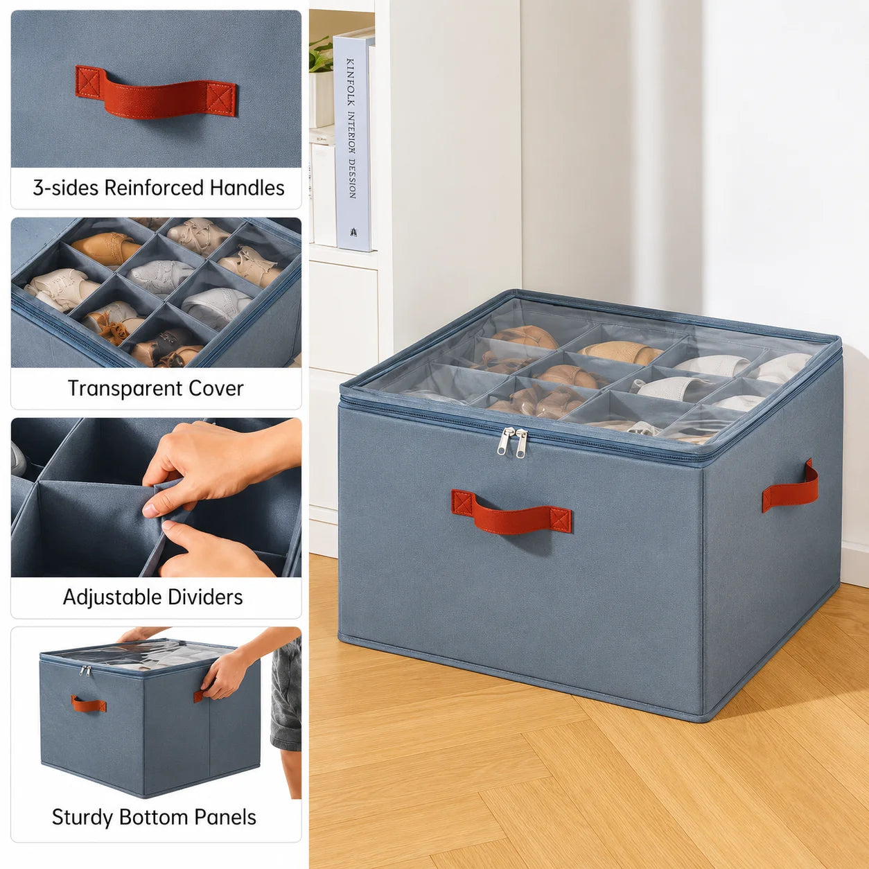 Foldable Shoe Storage Organizer With Clear Cover And Compartments