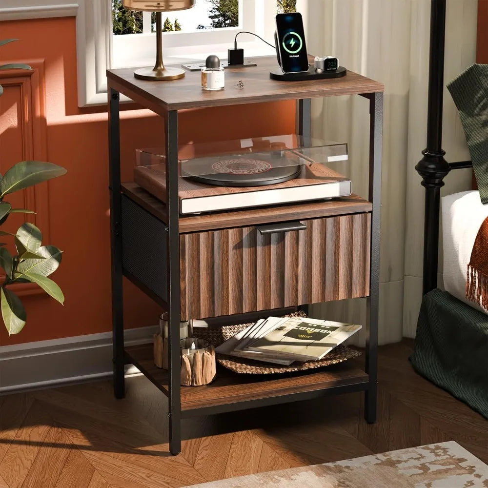 Nightstand With Charging Station And LED Light Mid Century Modern
