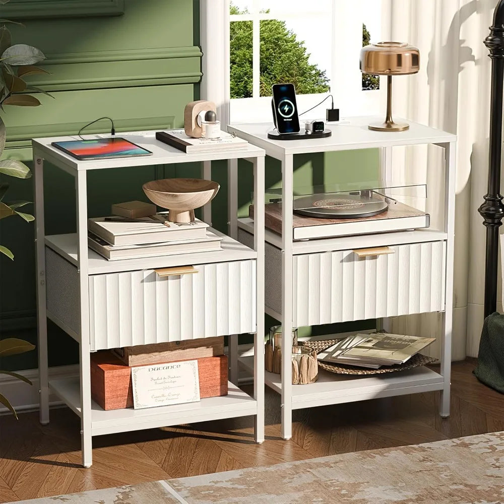 Nightstand With Charging Station And LED Light Mid Century Modern