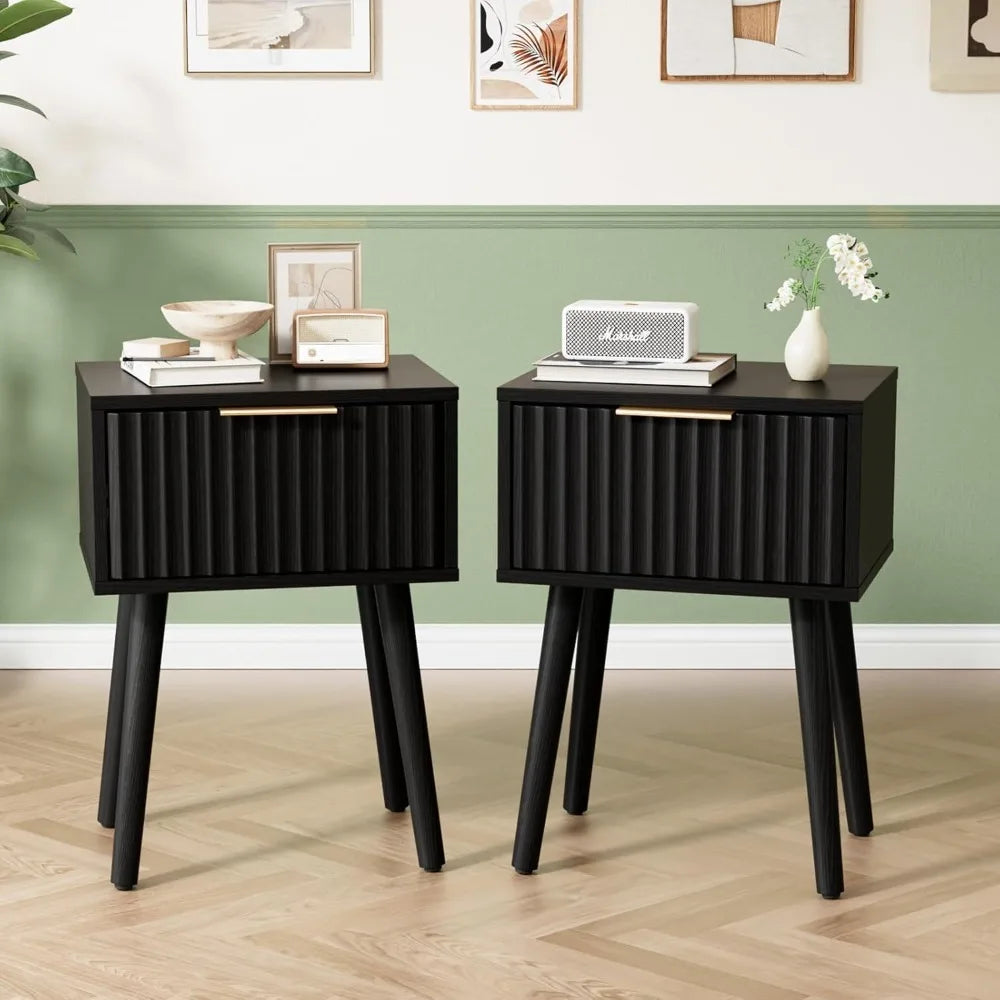 Nightstand With Charging Station And LED Light Mid Century Modern