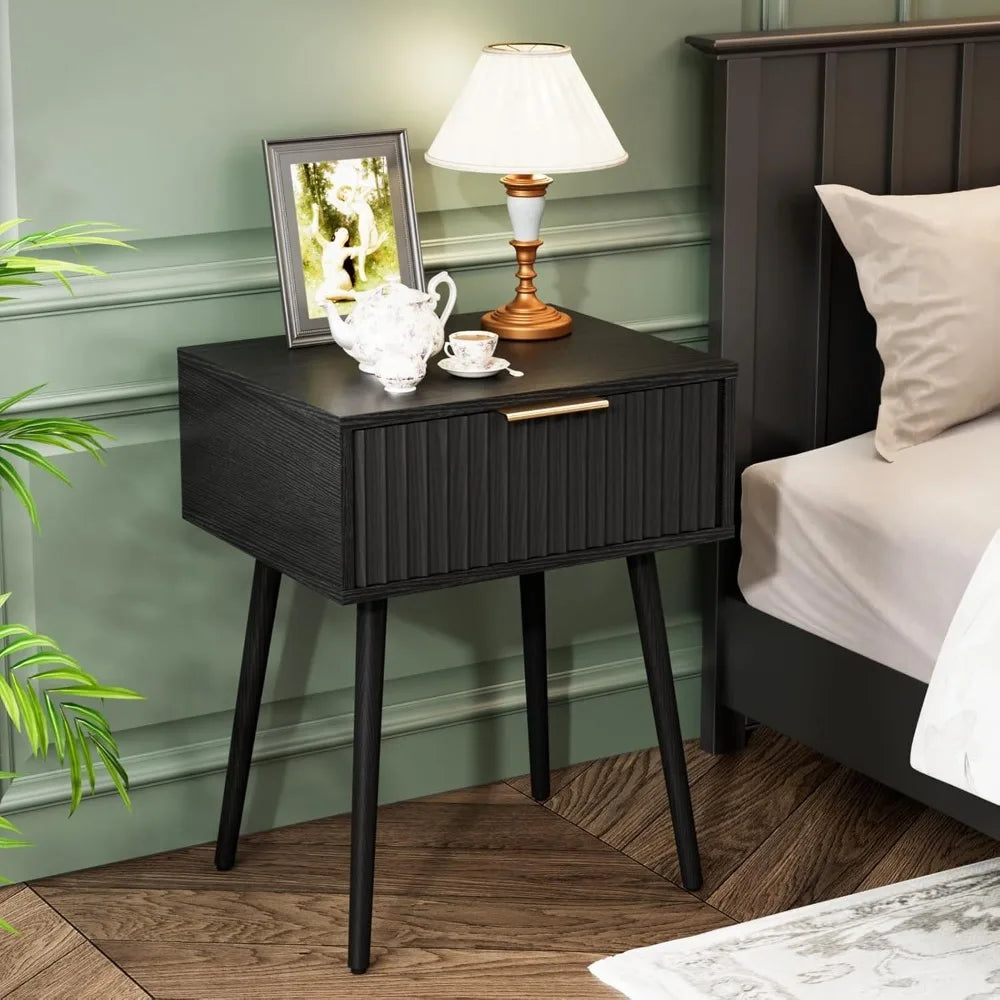 Nightstand With Charging Station And LED Light Mid Century Modern