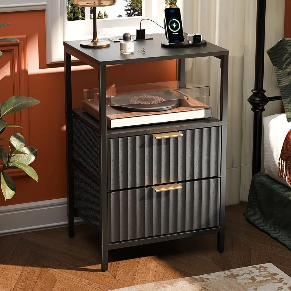 Nightstand With Charging Station And LED Light Mid Century Modern