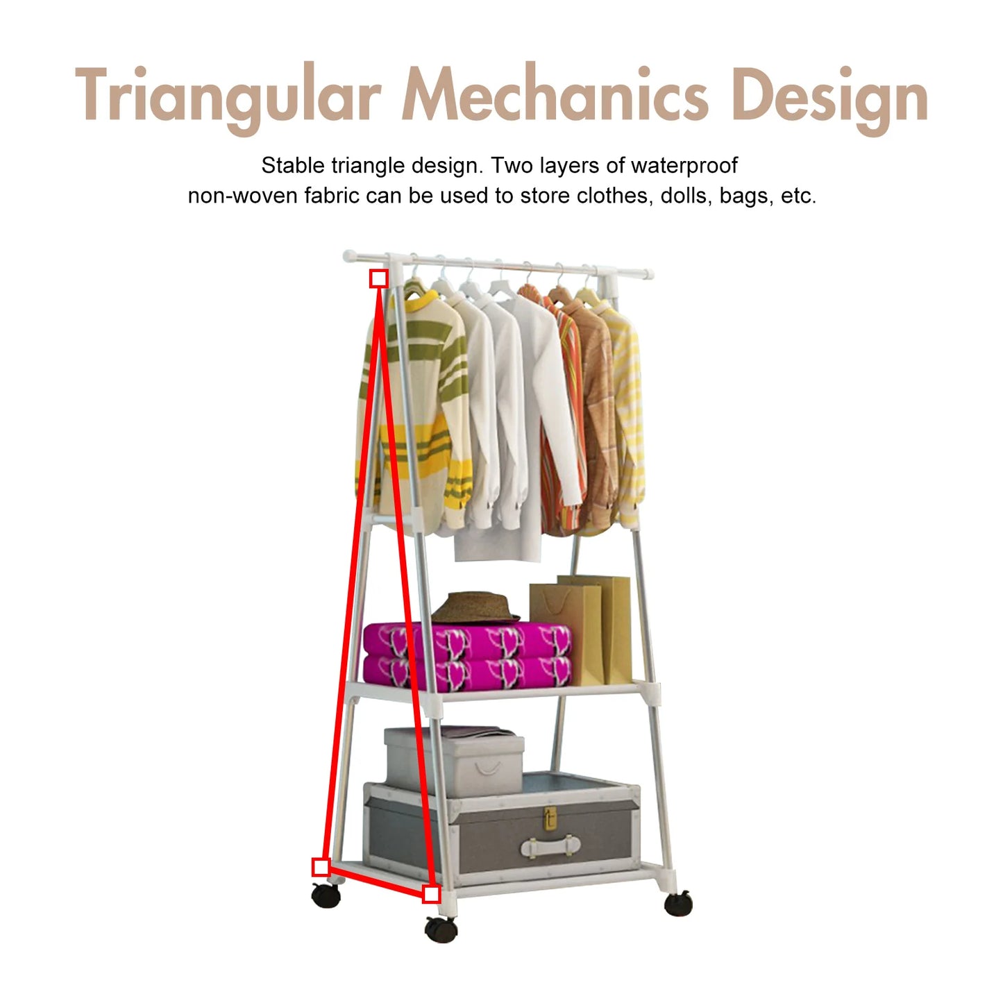 Stainless Steel 2-Tier Clothes Rack With Wheels And Hooks