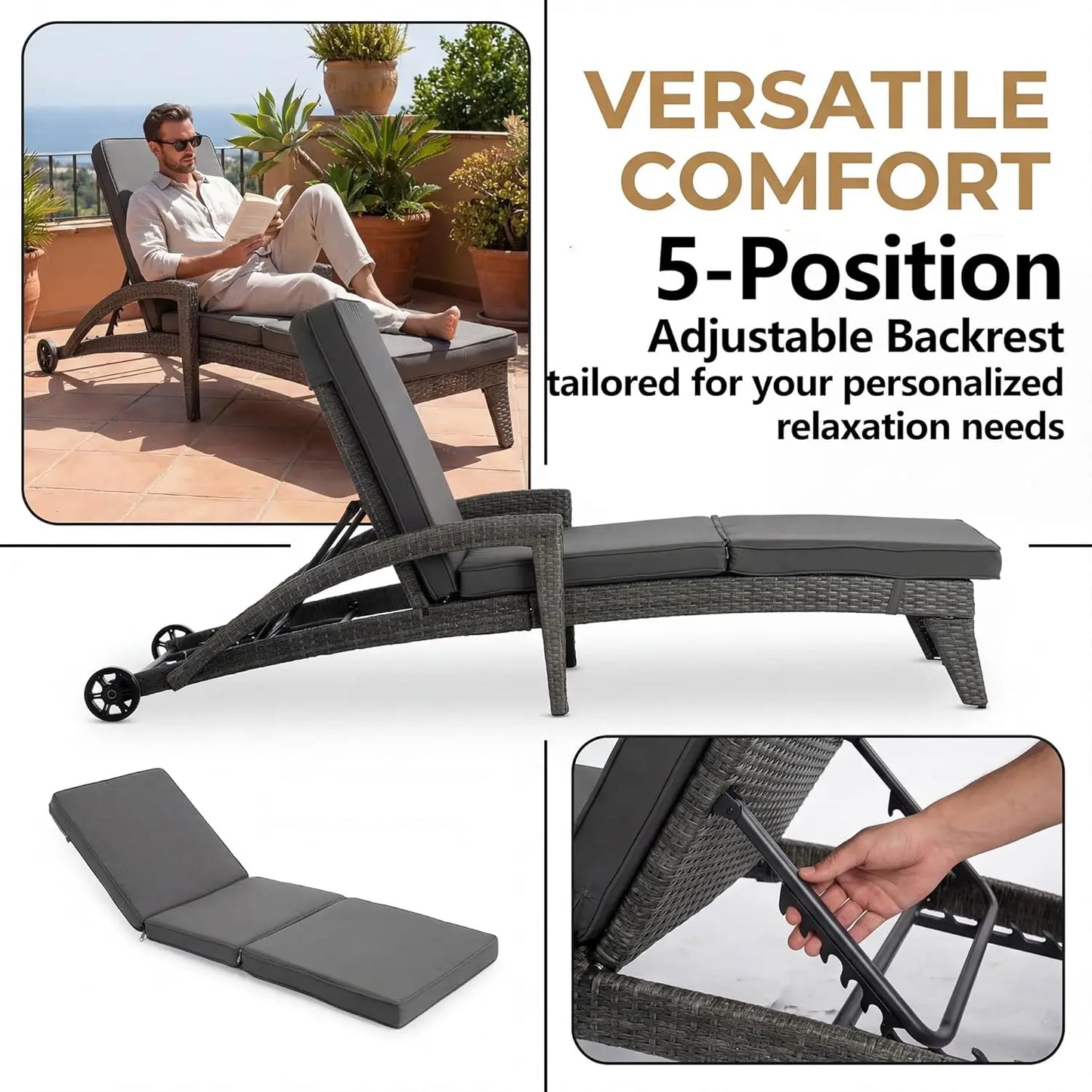 Adjustable Upholstered Chaise Lounge Set With Wicker Recliners