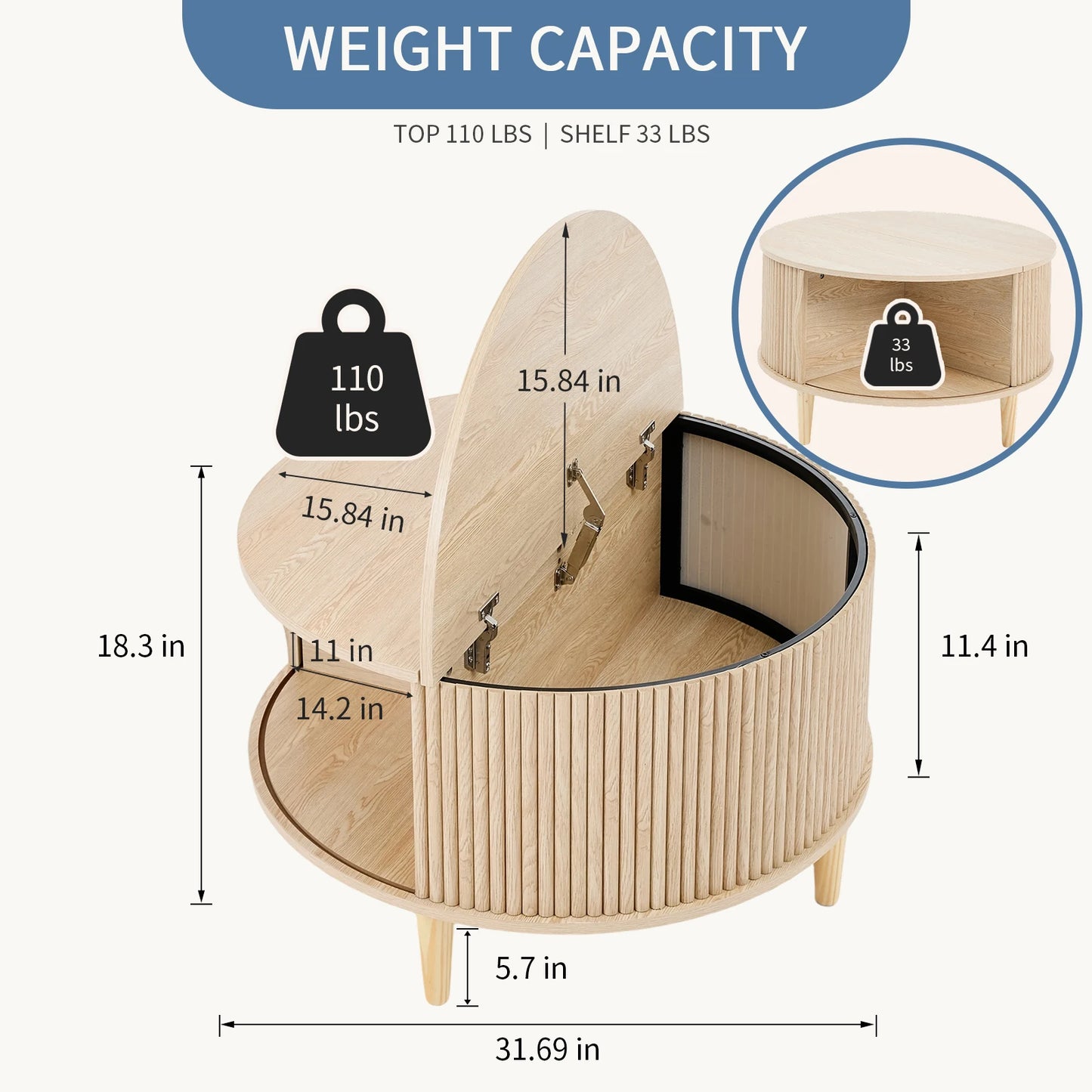 JHK Round Coffee Table With Flip Top Storage
