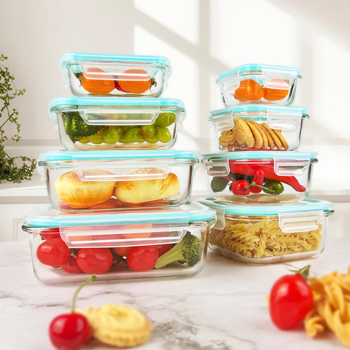 Glass Food Storage Containers Set Eight Pieces Leakproof Microwave Safe