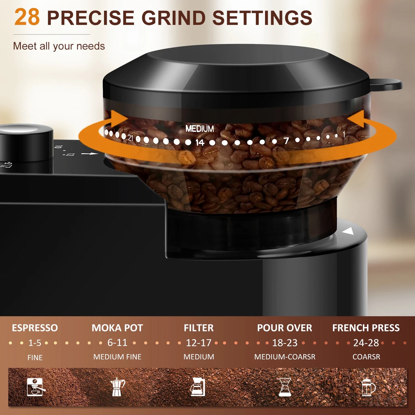 KIRAINAFLY Automatic Burr Coffee Grinder With Adjustable Grinding Levels