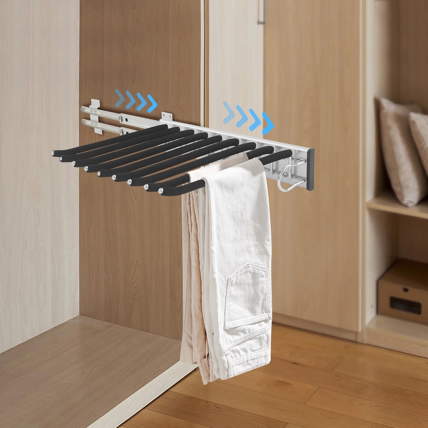 Bymaocar Pull Out Trousers Rack 9-Rod Retractable Wardrobe Organizer