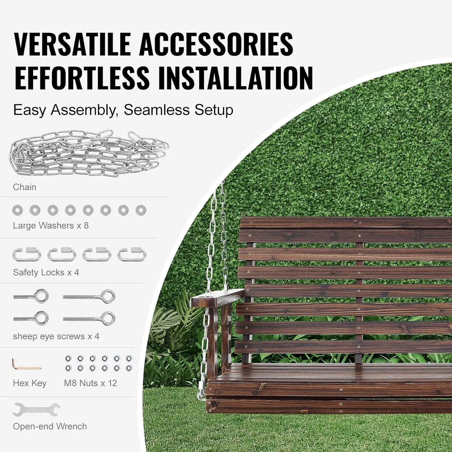 Outdoor Wooden Porch Swing Heavy Duty For Patio Garden Courtyard