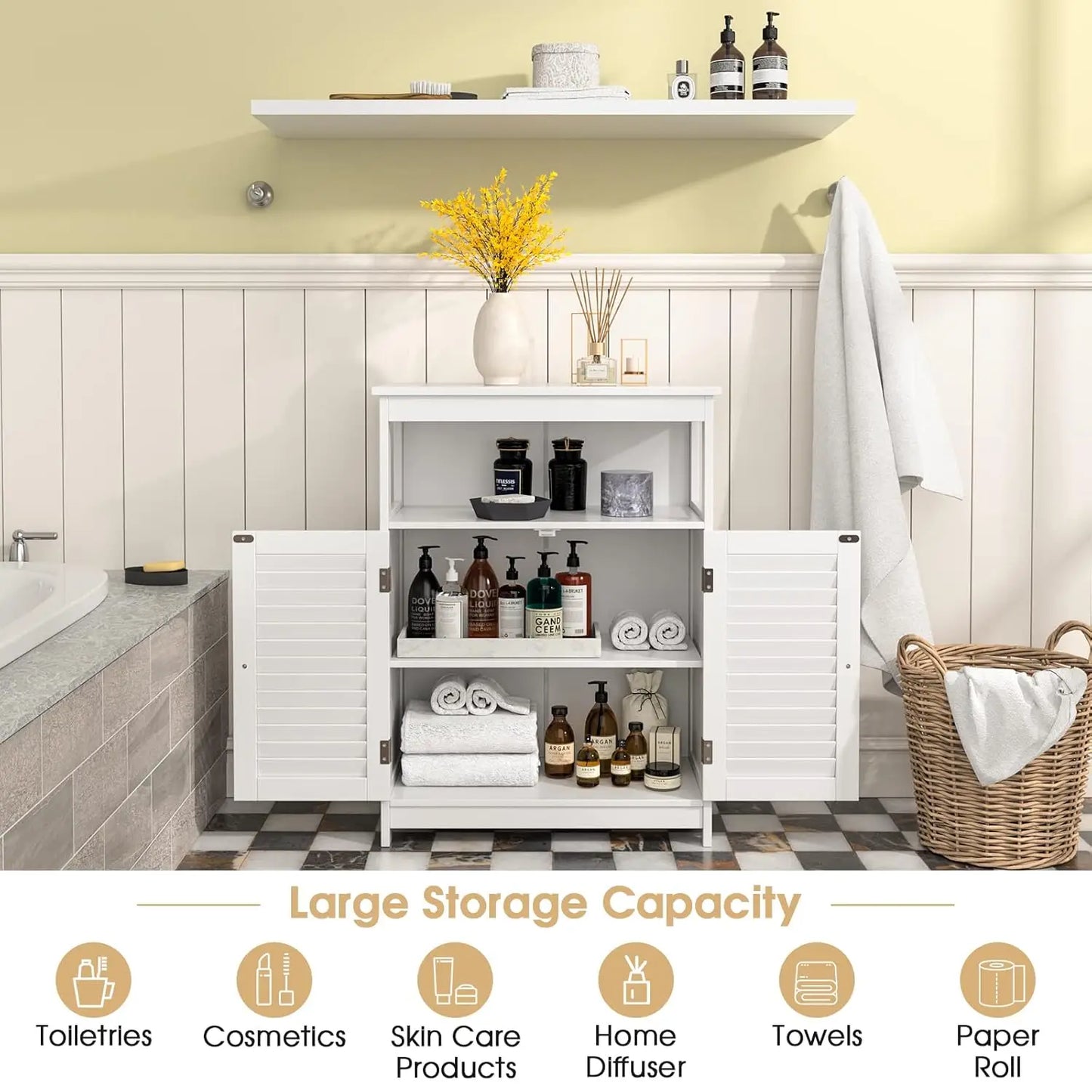 Bathroom Floor Cabinet With Double Shutter Doors And Adjustable Shelf