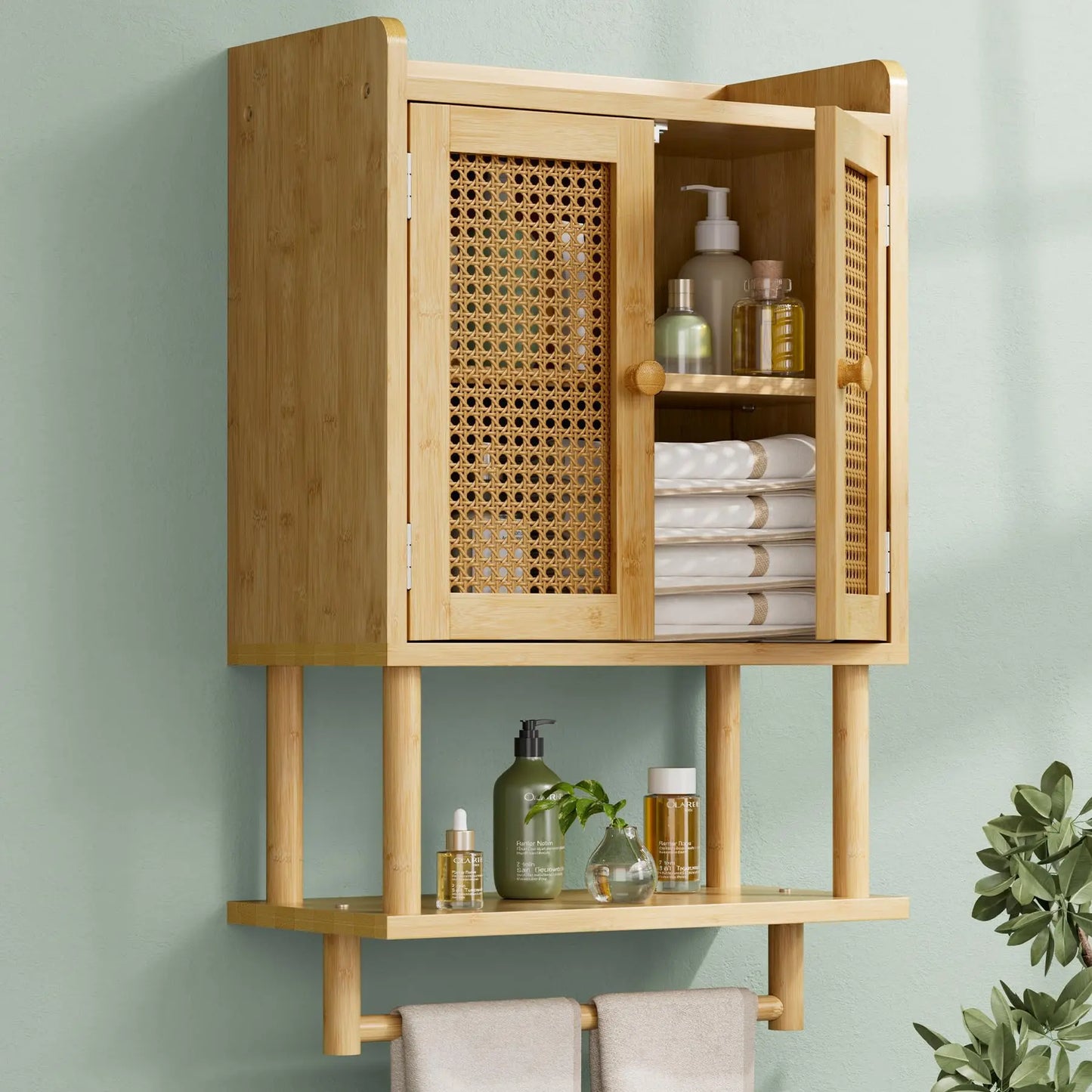 XIUWO Bamboo Over Toilet Wall Mounted Medicine Cabinet With Towel Bar