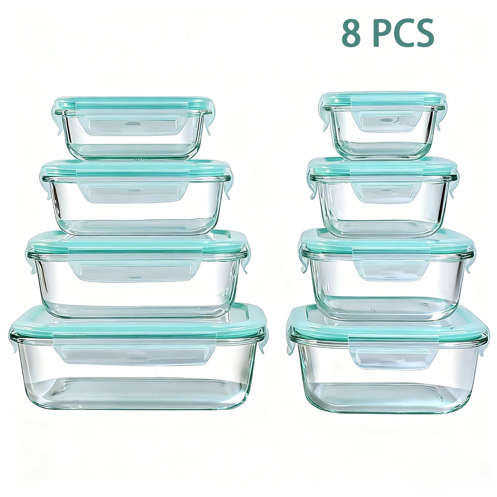 Glass Food Storage Containers Set Eight Pieces Leakproof Microwave Safe
