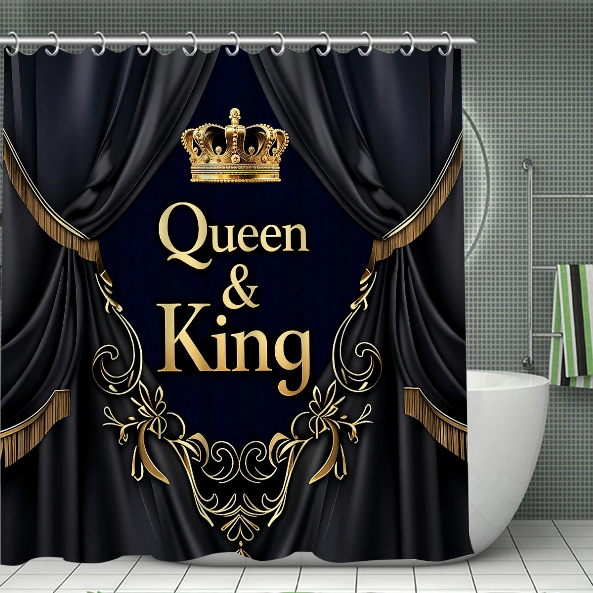 Queen And King Crown Shower Curtain Set With Hooks Luxury Print