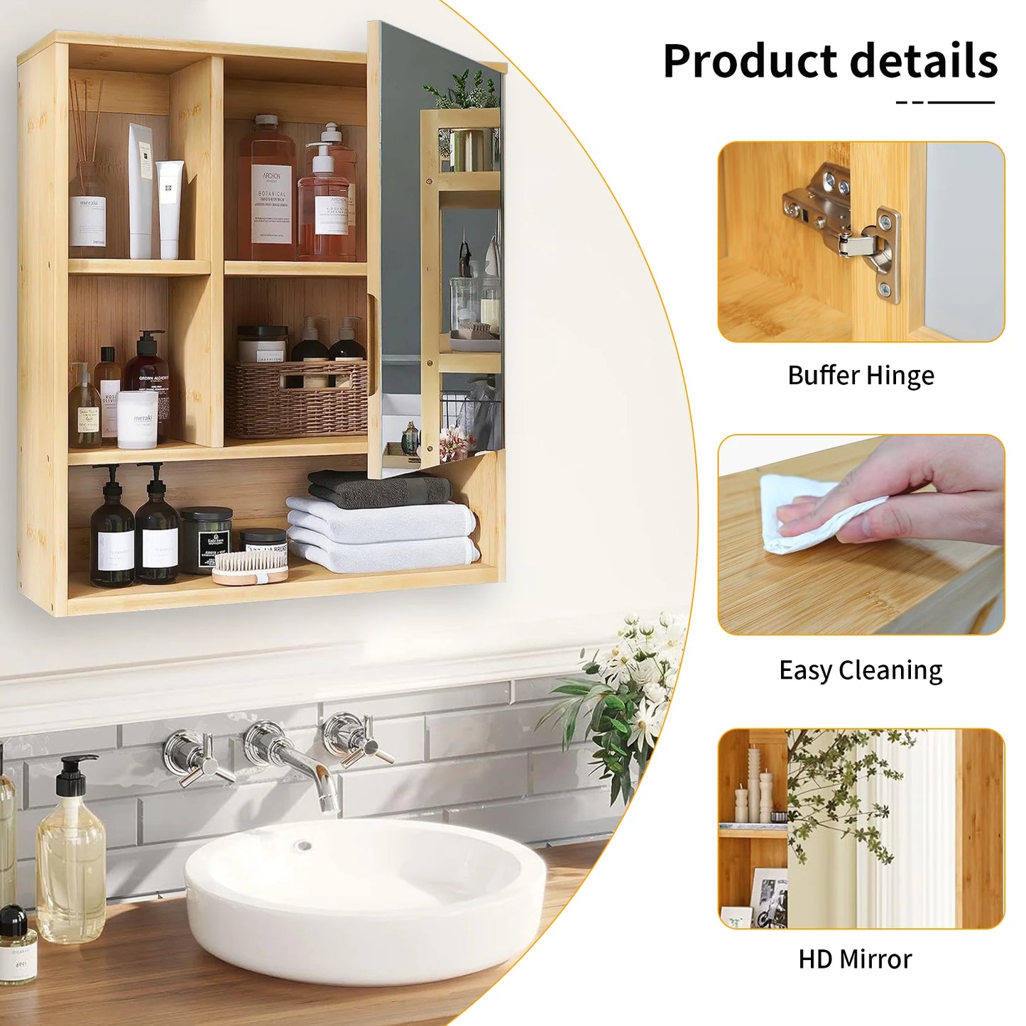 Wisfor Bamboo Bathroom Cabinet With Mirror And Storage Shelves