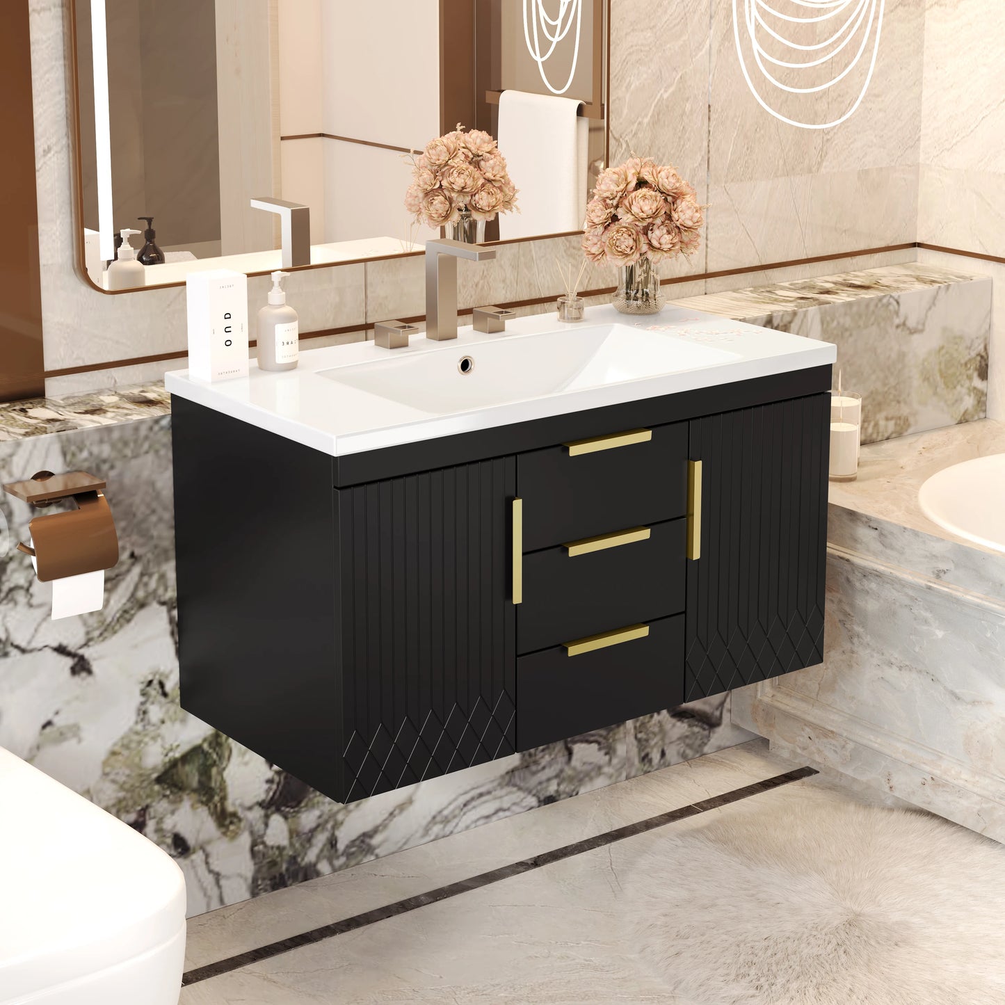Floating Solid Wood Wall Mounted Bathroom Vanity With Two Drawers