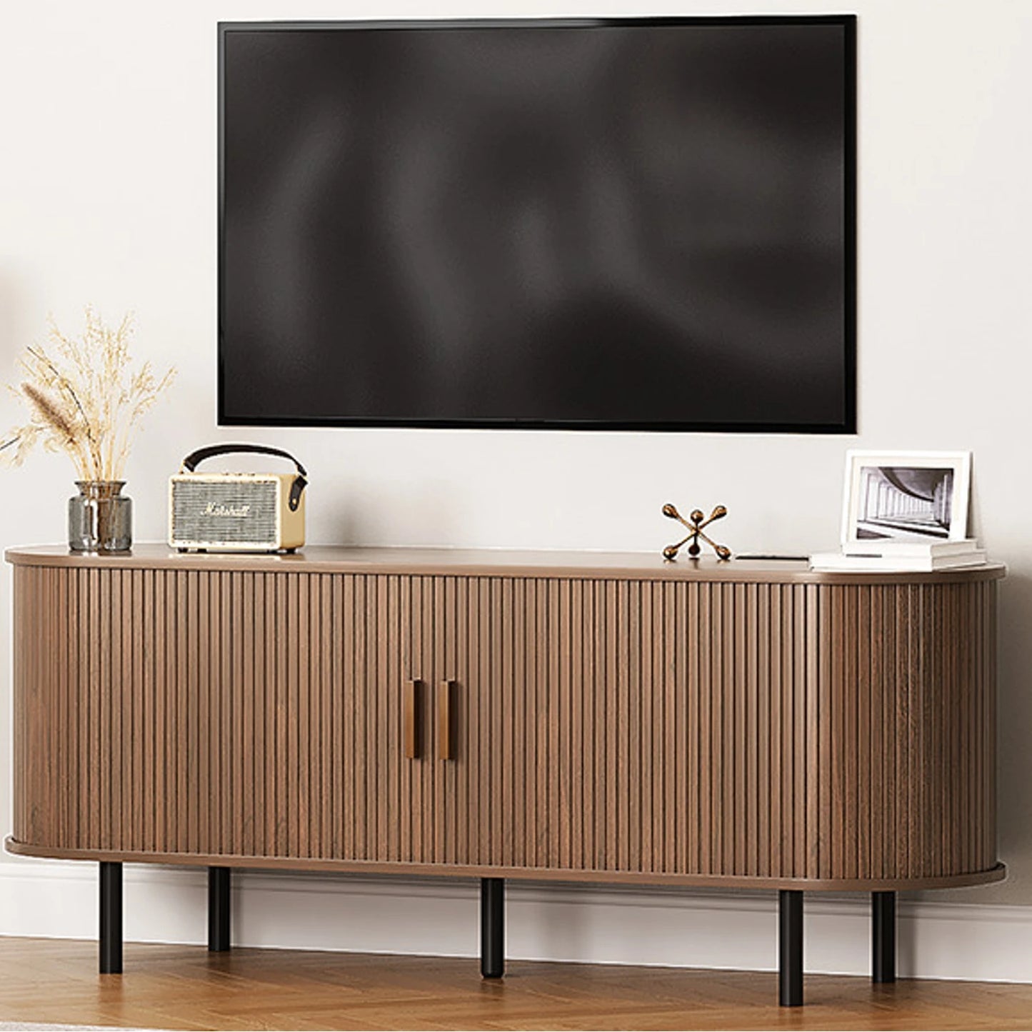 ONBRILL TV Stand With Power Outlet Sliding Doors And Adjustable Shelves