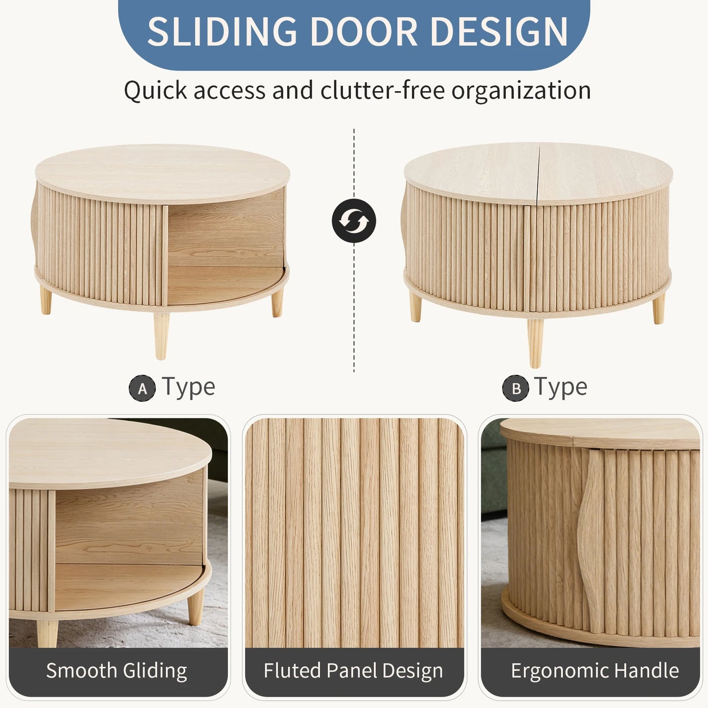 JHK Round Coffee Table With Flip Top Storage