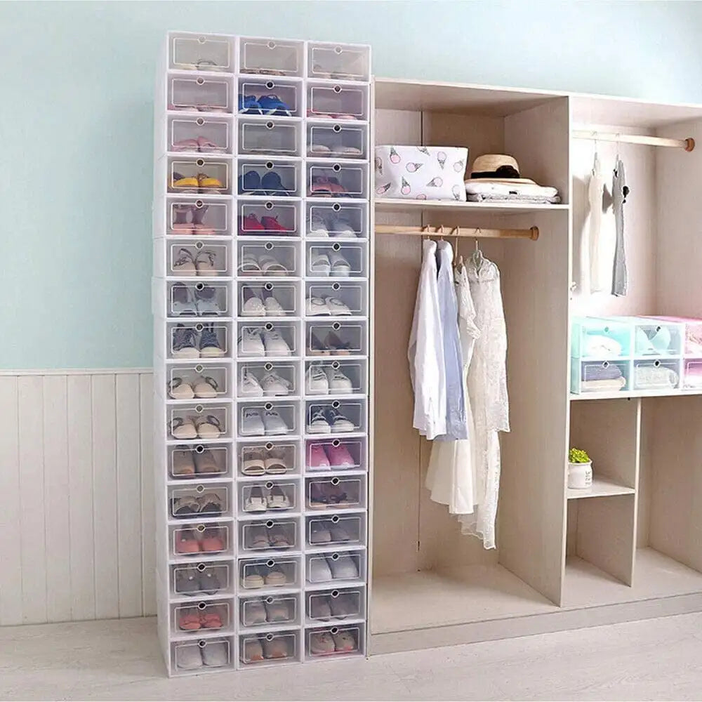 Foldable Flip Shoe Boxes Set Plastic Clear Stackable Shoe Organizer