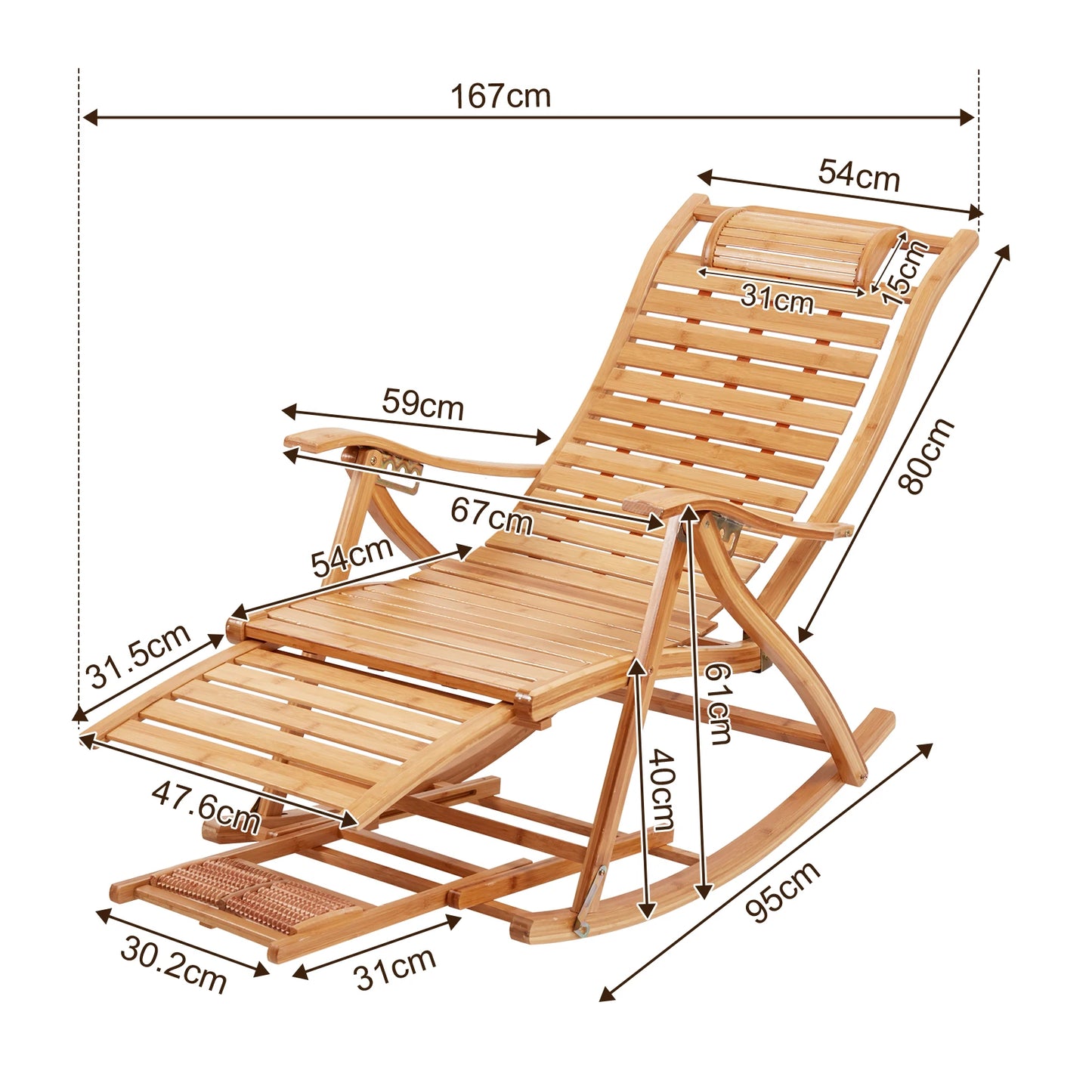 Heavy Duty Folding Rocking Bamboo Sun Lounger Outdoor Furniture