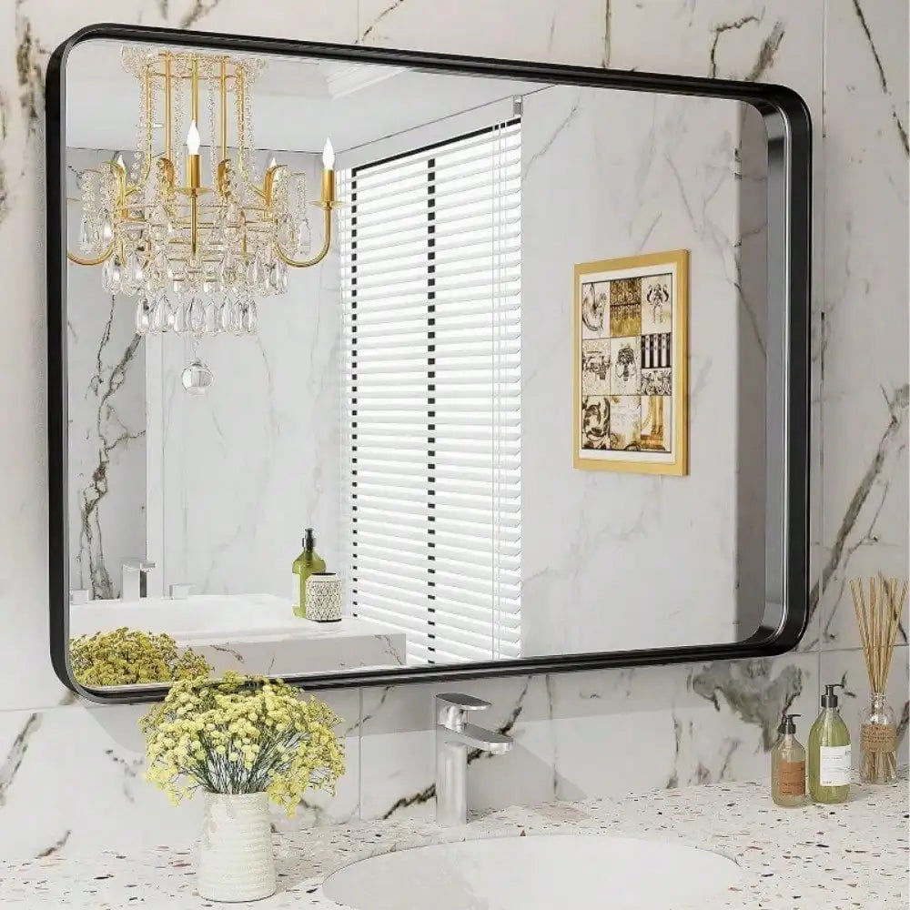 Home Black Bathroom Wall Mirror Metal Frame Rectangular Anti-Rust Vanity Mirror