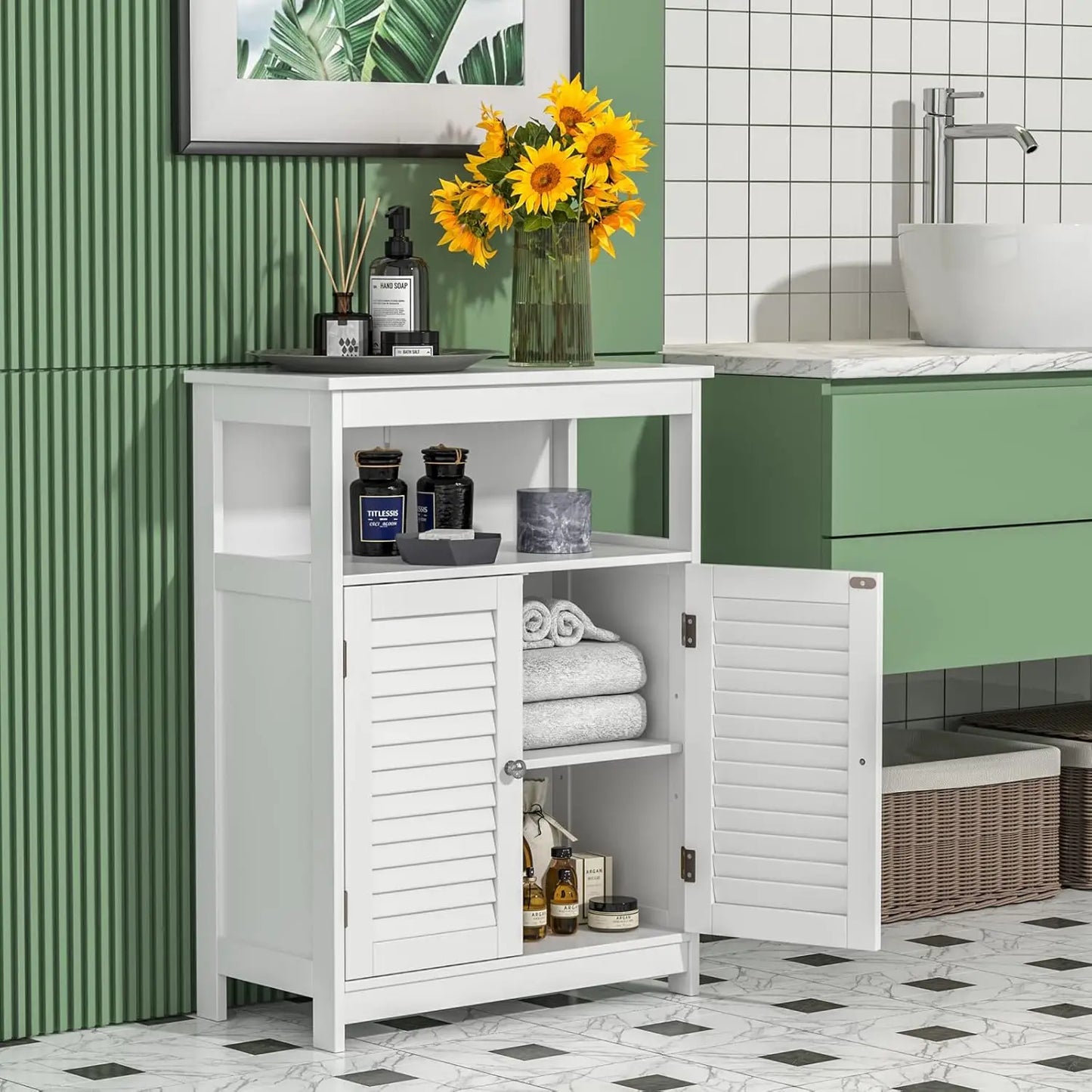 Bathroom Floor Cabinet With Double Shutter Doors And Adjustable Shelf