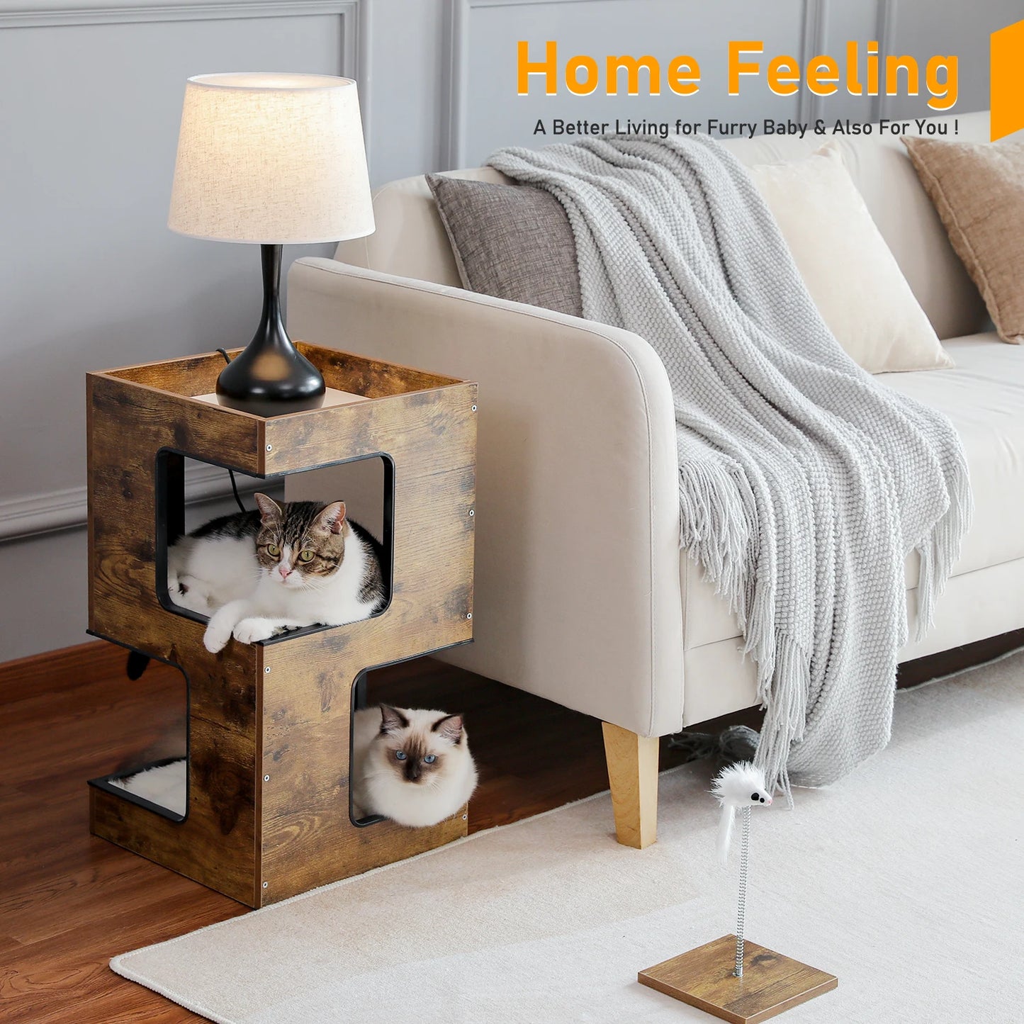 PAWZ Road Wood Cat Condo House Bed With Removable Mats And Scratching Pad