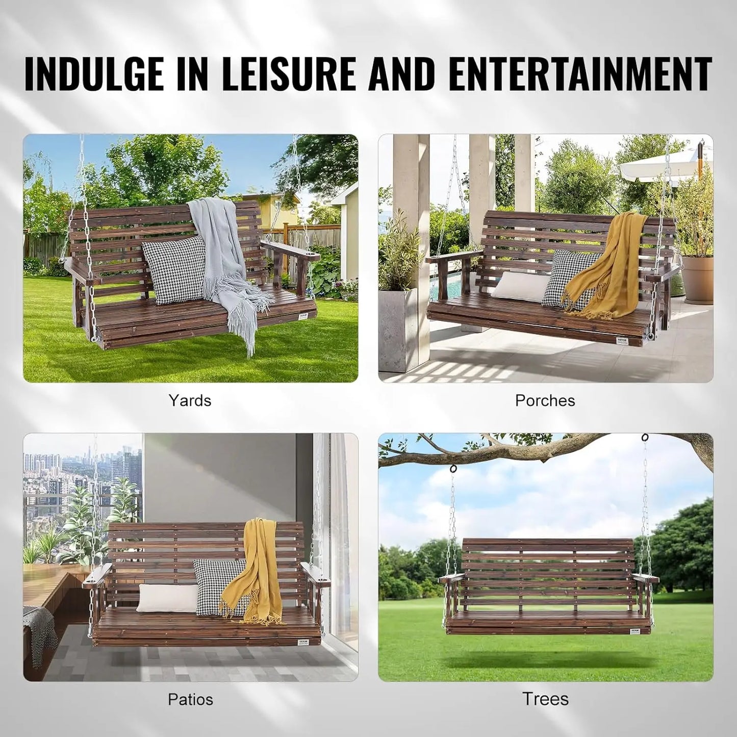 Outdoor Wooden Porch Swing Heavy Duty For Patio Garden Courtyard