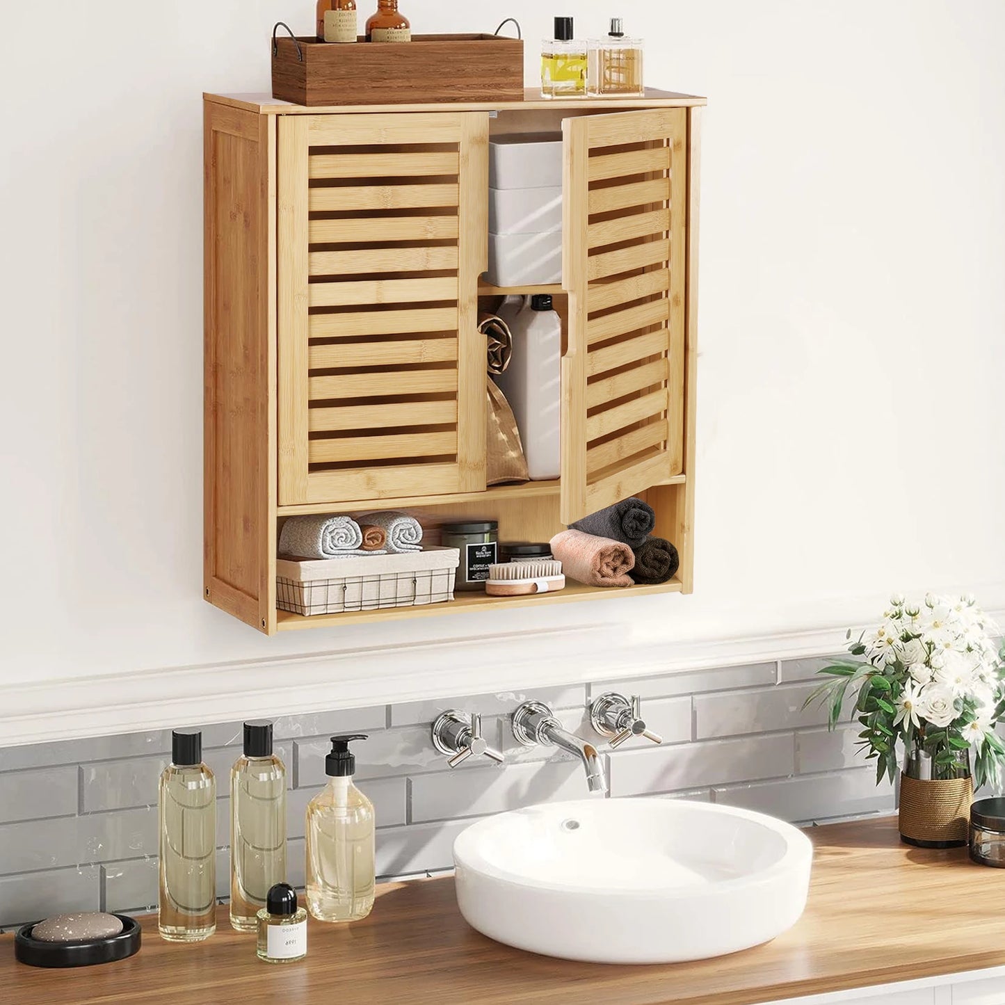 Wisfor Wall Mounted Bamboo Bathroom Cabinet Storage Organizer