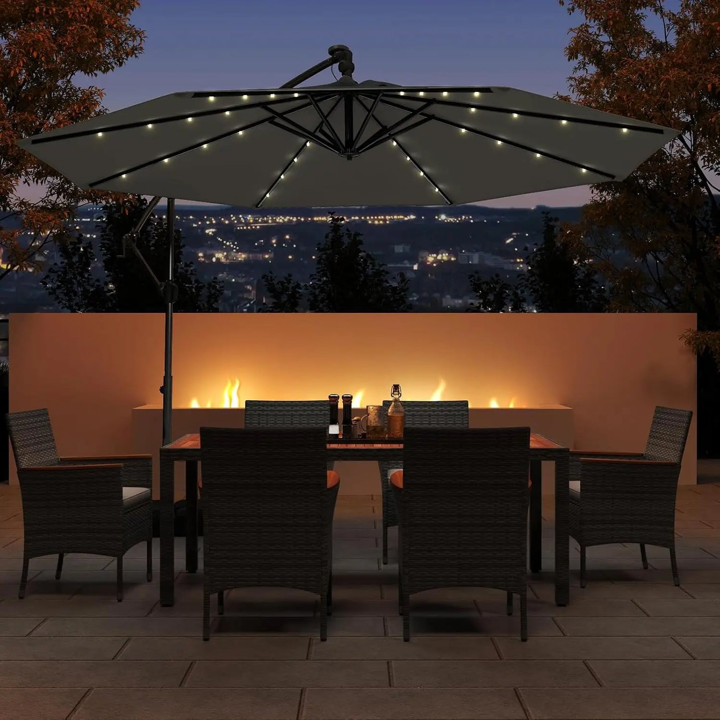 Solar Cantilever Patio Umbrella With Base Included And LED Lights
