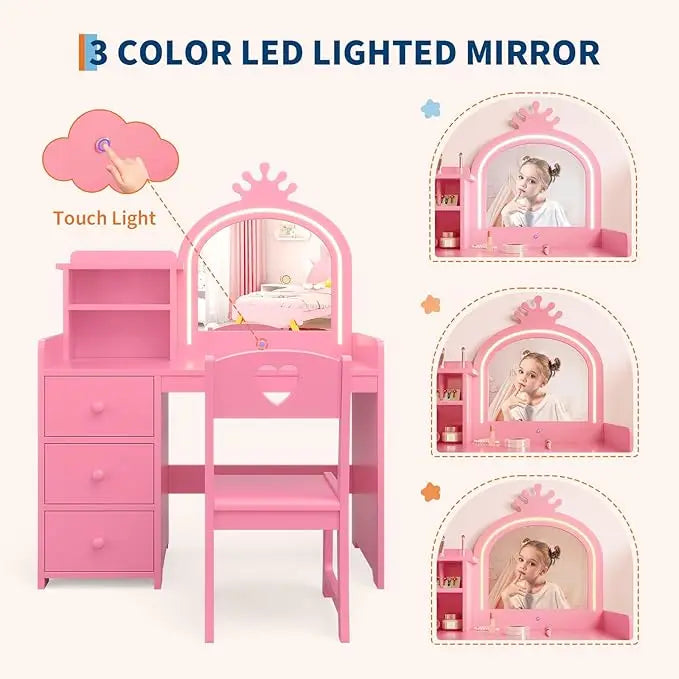 HiMISS Kids Vanity With Lights 2-in-1 Makeup Desk Chair