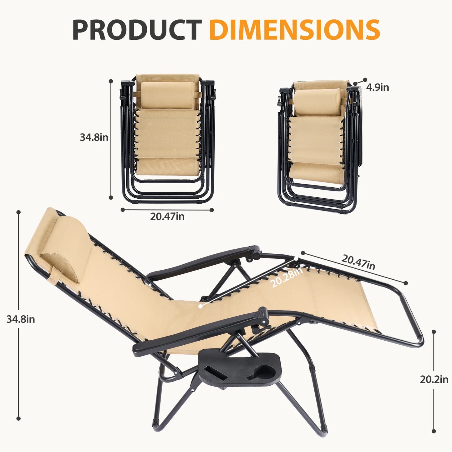 JHK Portable Zero Gravity Outdoor Recliner Chairs Set Of 2 With Cup Holder Trays