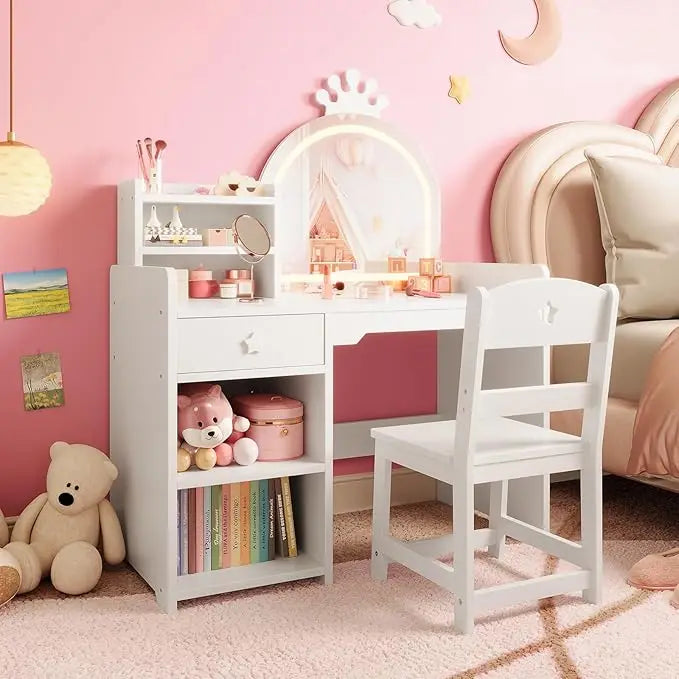 HiMISS Kids Vanity With Lights 2-in-1 Makeup Desk Chair
