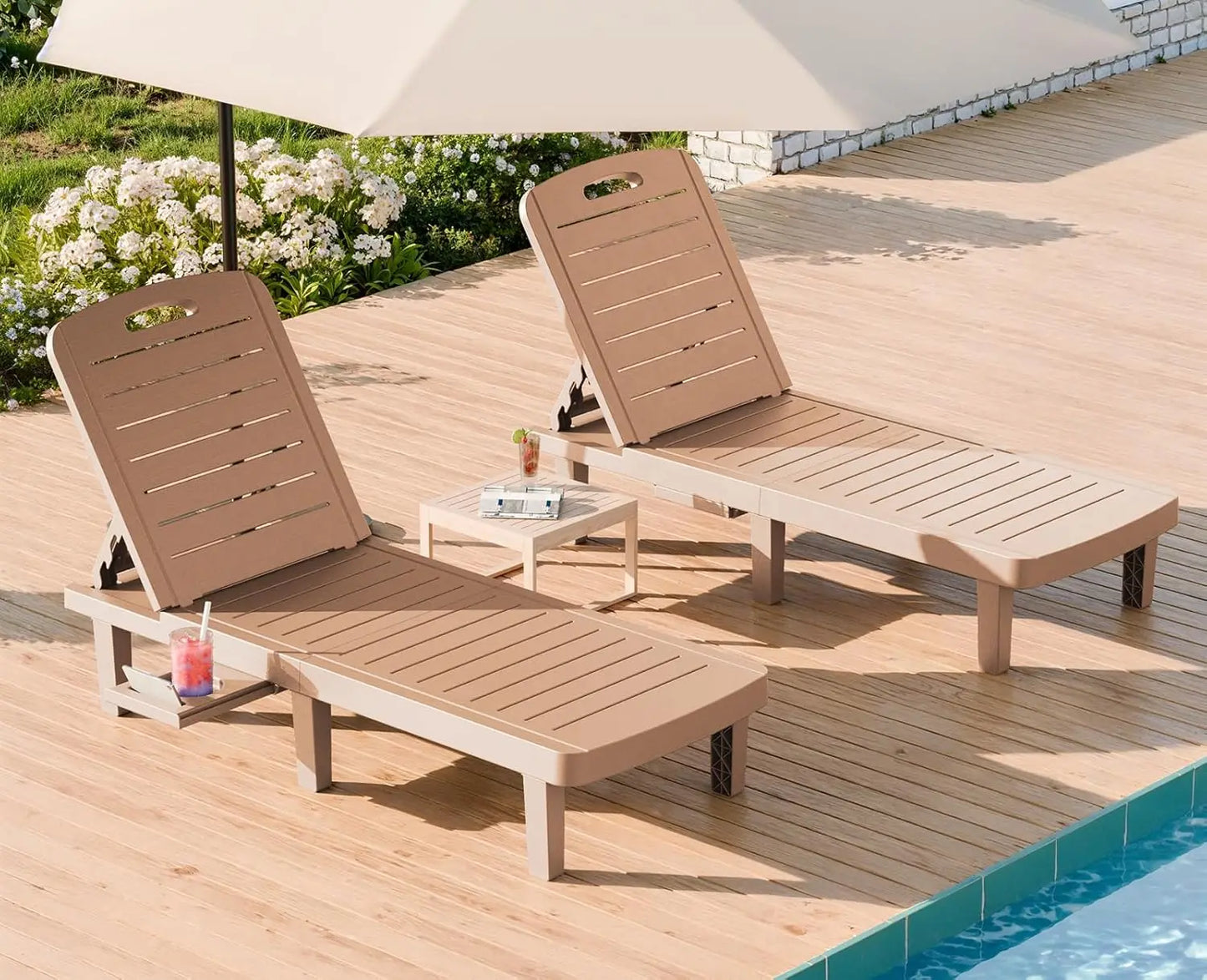 Waterproof Adjustable Resin Chaise Lounge Chair Set With Cup Holder