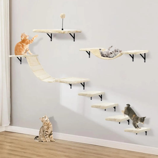 Wall Mounted Cat Climber Set With Shelves And Hammock