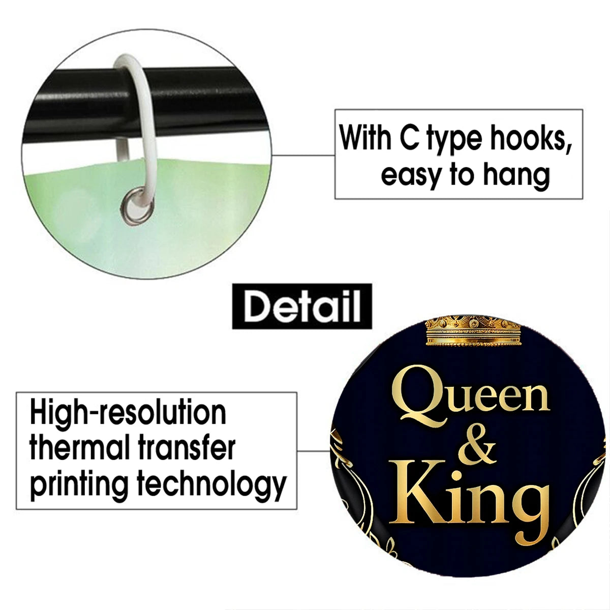 Queen And King Crown Shower Curtain Set With Hooks Luxury Print