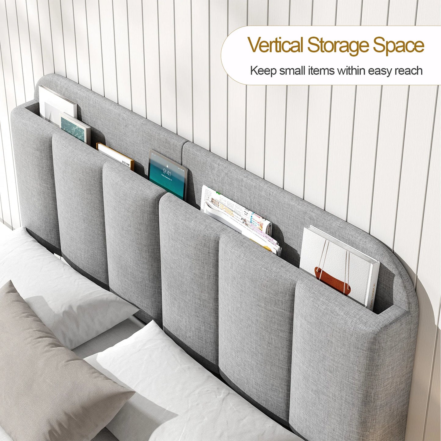 ONBRILL Adjustable Linen Headboard With RGB LED Light And Storage