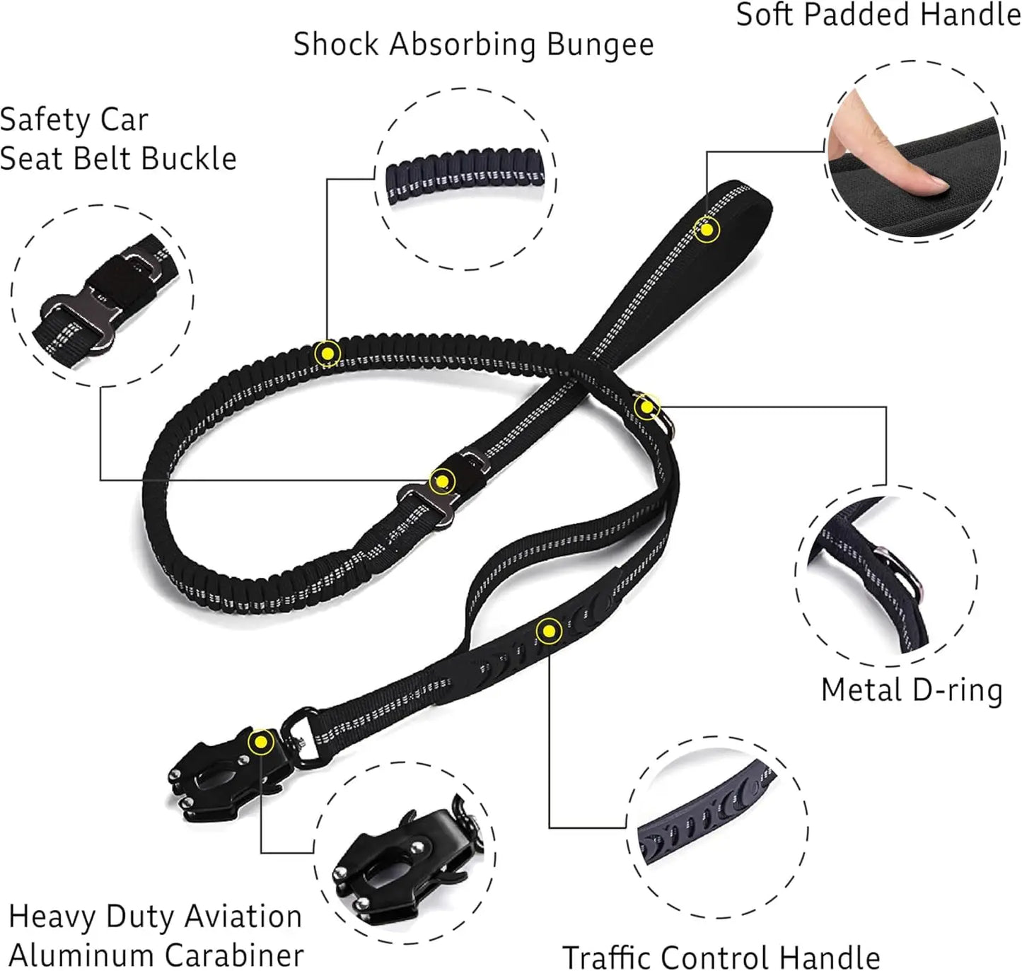 Reflective Shock Absorbing Pet Leash With Car Seatbelt For Large Dogs