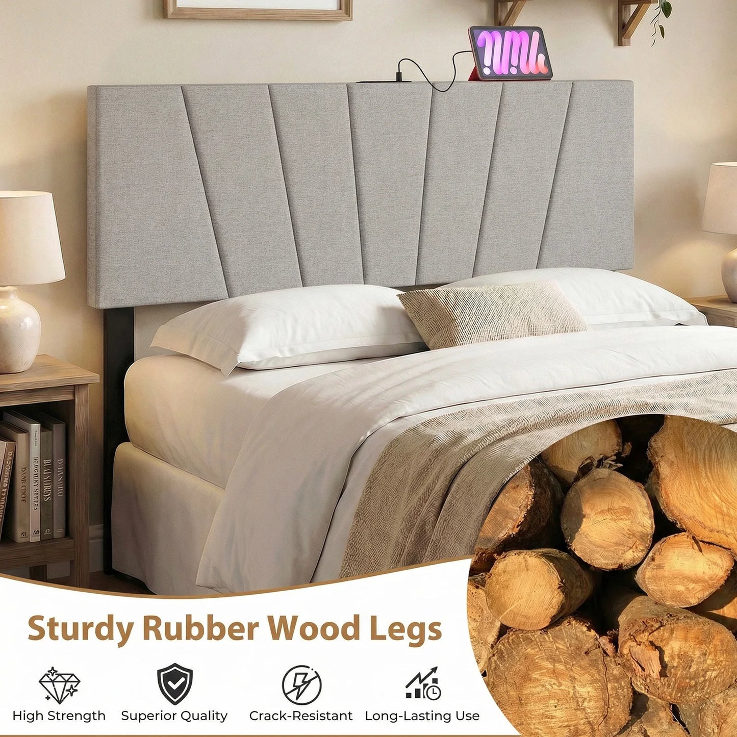 HOMASIS Geometric Upholstered Headboard With 2 AC Outlets