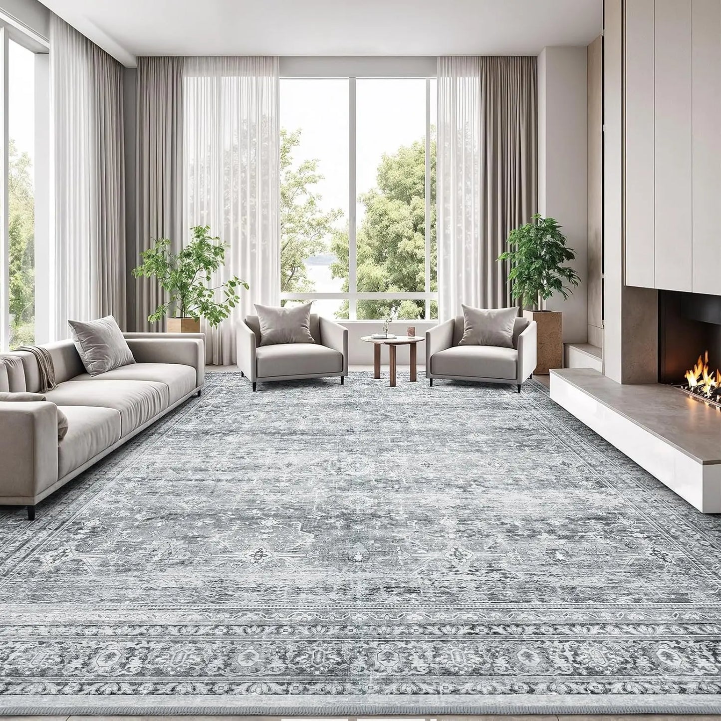 Washable Area Rug With Non-Slip Backing And Floral Design