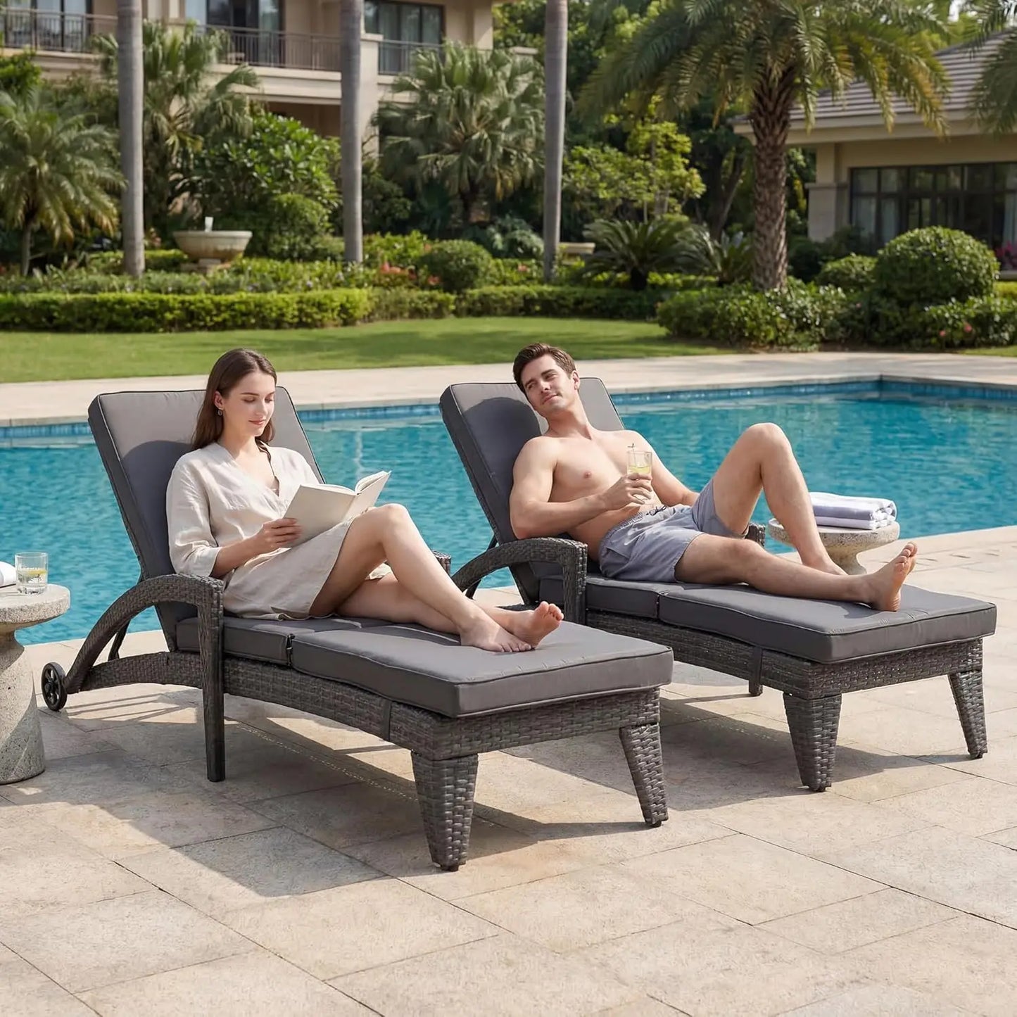 Adjustable Upholstered Chaise Lounge Set With Wicker Recliners