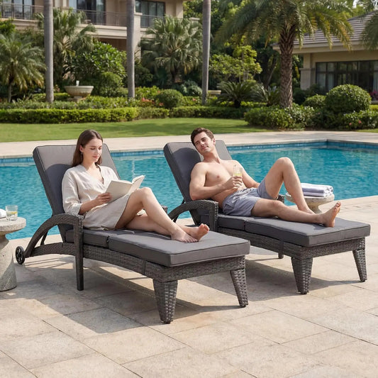 Adjustable Upholstered Chaise Lounge Set With Wicker Recliners