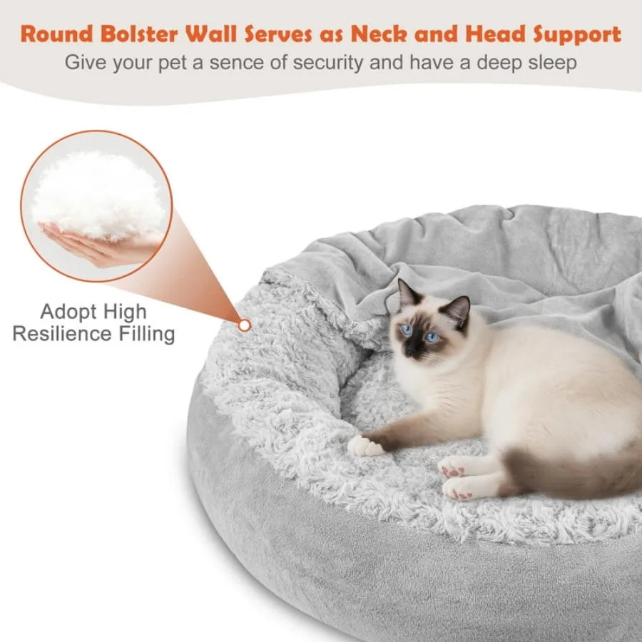Donut Dog Bed With Hooded Blanket For Calming Comfort