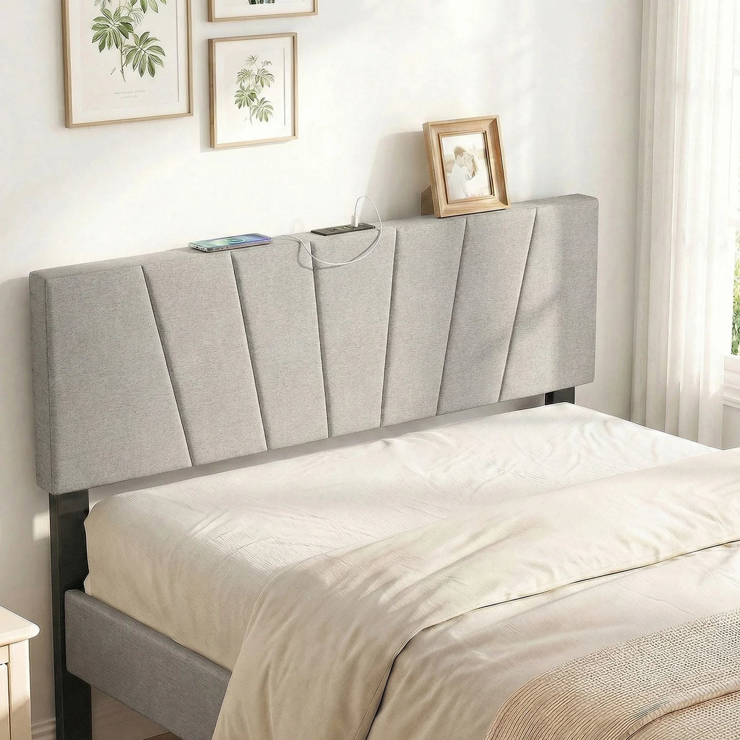 HOMASIS Geometric Upholstered Headboard With 2 AC Outlets