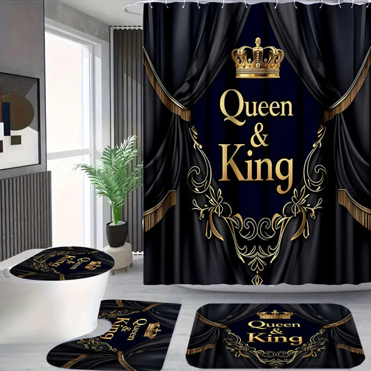 Queen And King Crown Shower Curtain Set With Hooks Luxury Print