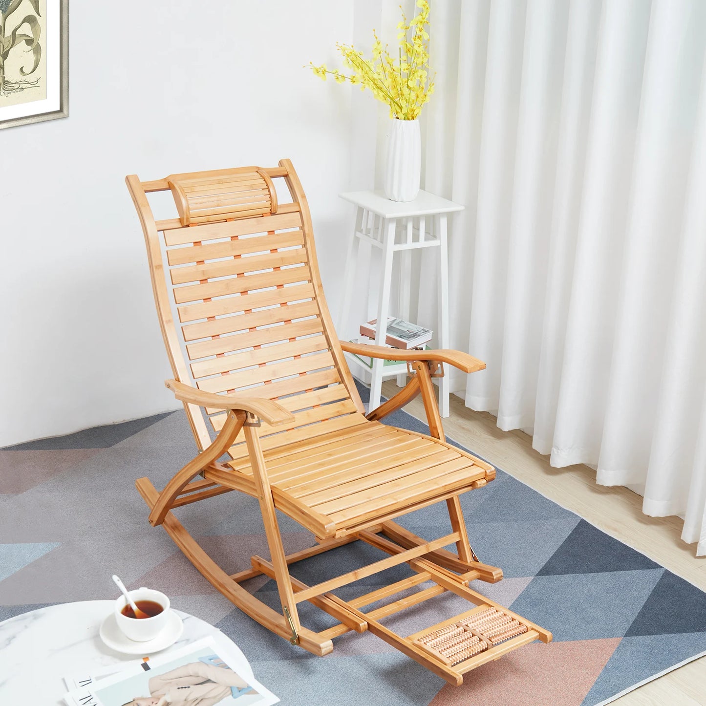 Heavy Duty Folding Rocking Bamboo Sun Lounger Outdoor Furniture