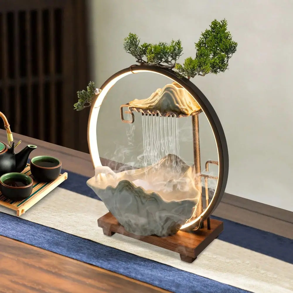 Tabletop Indoor Water Fountain With Fake Plants Mist Zen Decor