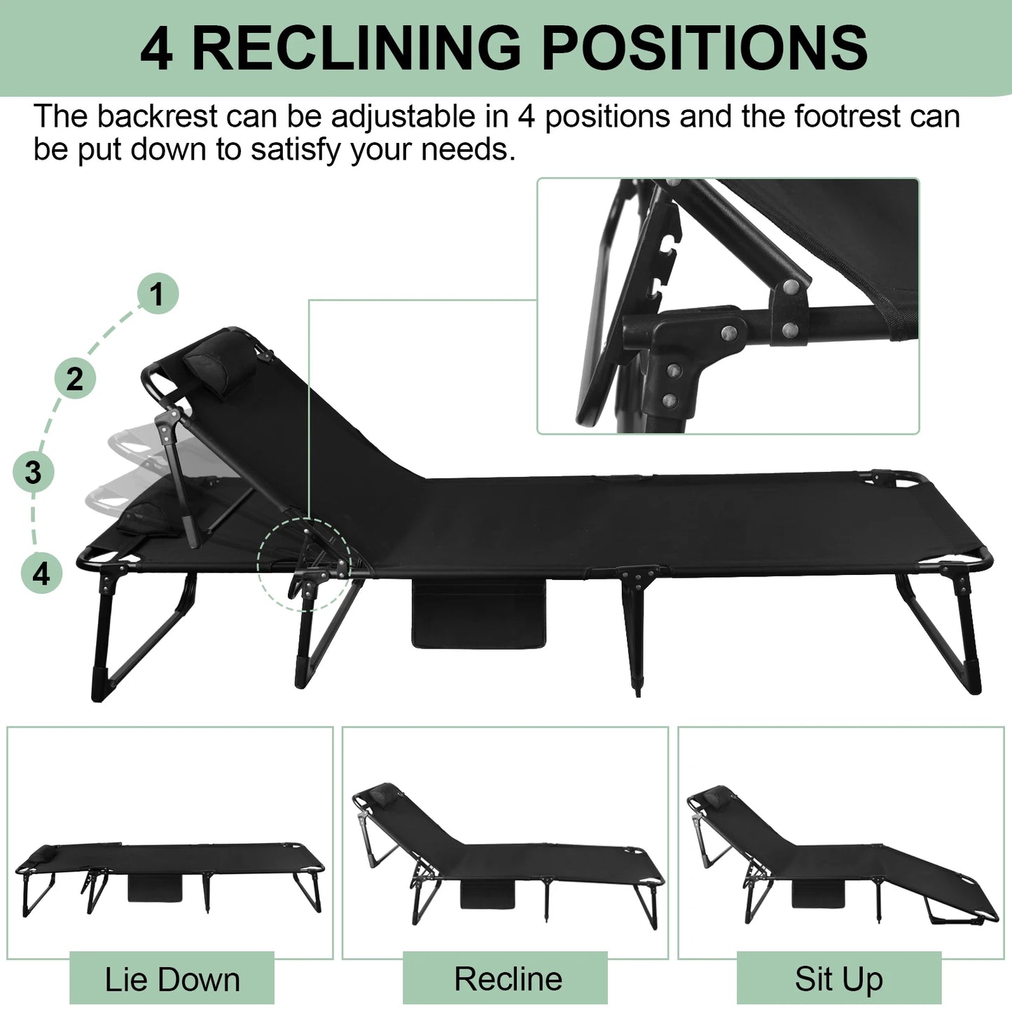 Portable Folding Camping Cot With Pillow And 3-Position Reclining Lounger