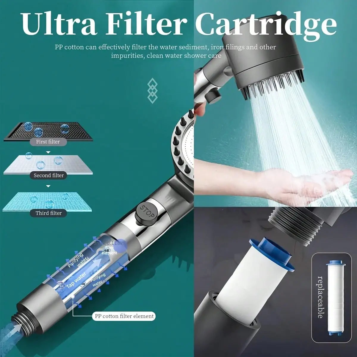 Pressurized Hand Shower Head With 3 Spray Modes And Filters