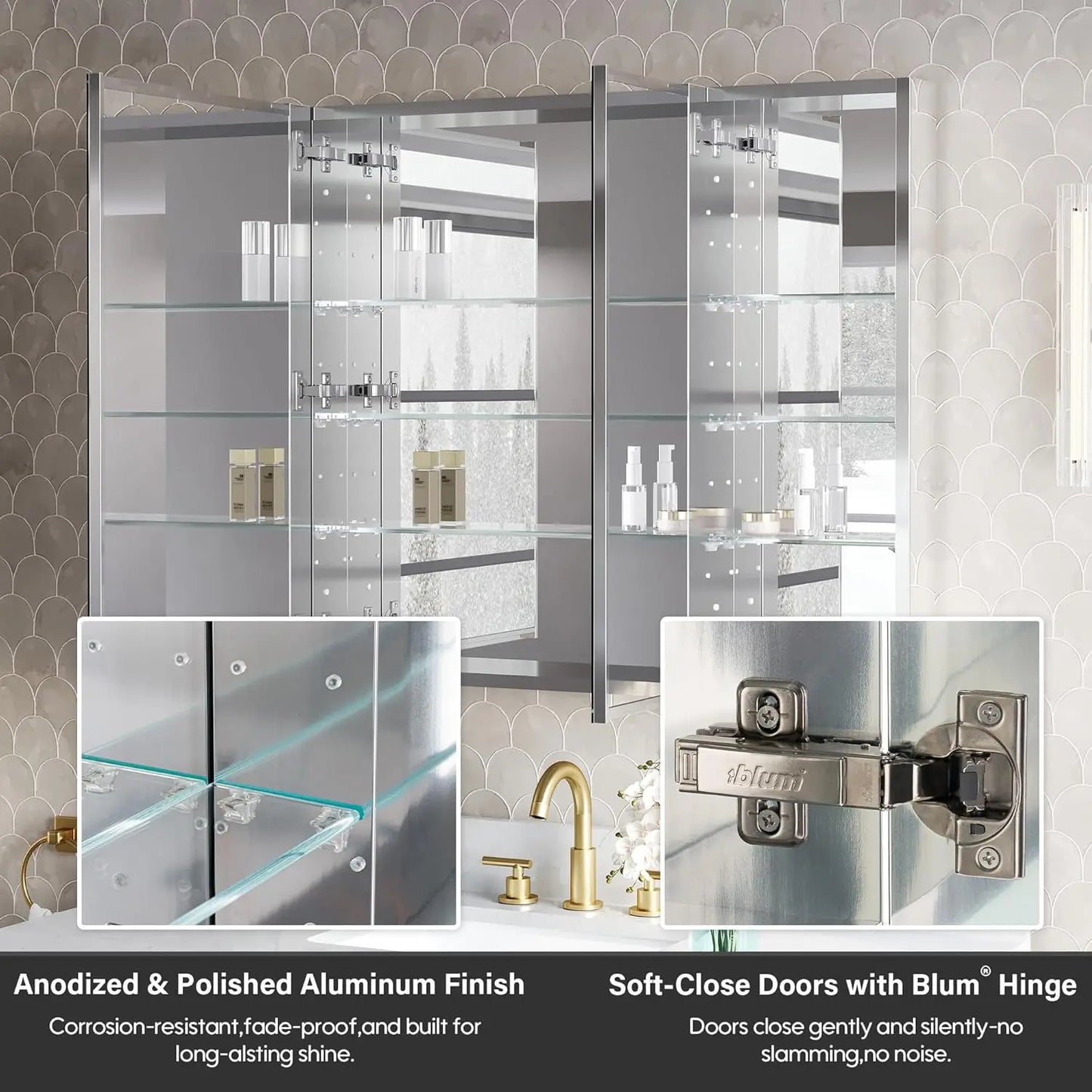 36" x 32" Bathroom Medicine Cabinet with Mirror, Surface Mount or Recessed Medicine Cabinet, Anodized  Aluminum Frame Bath