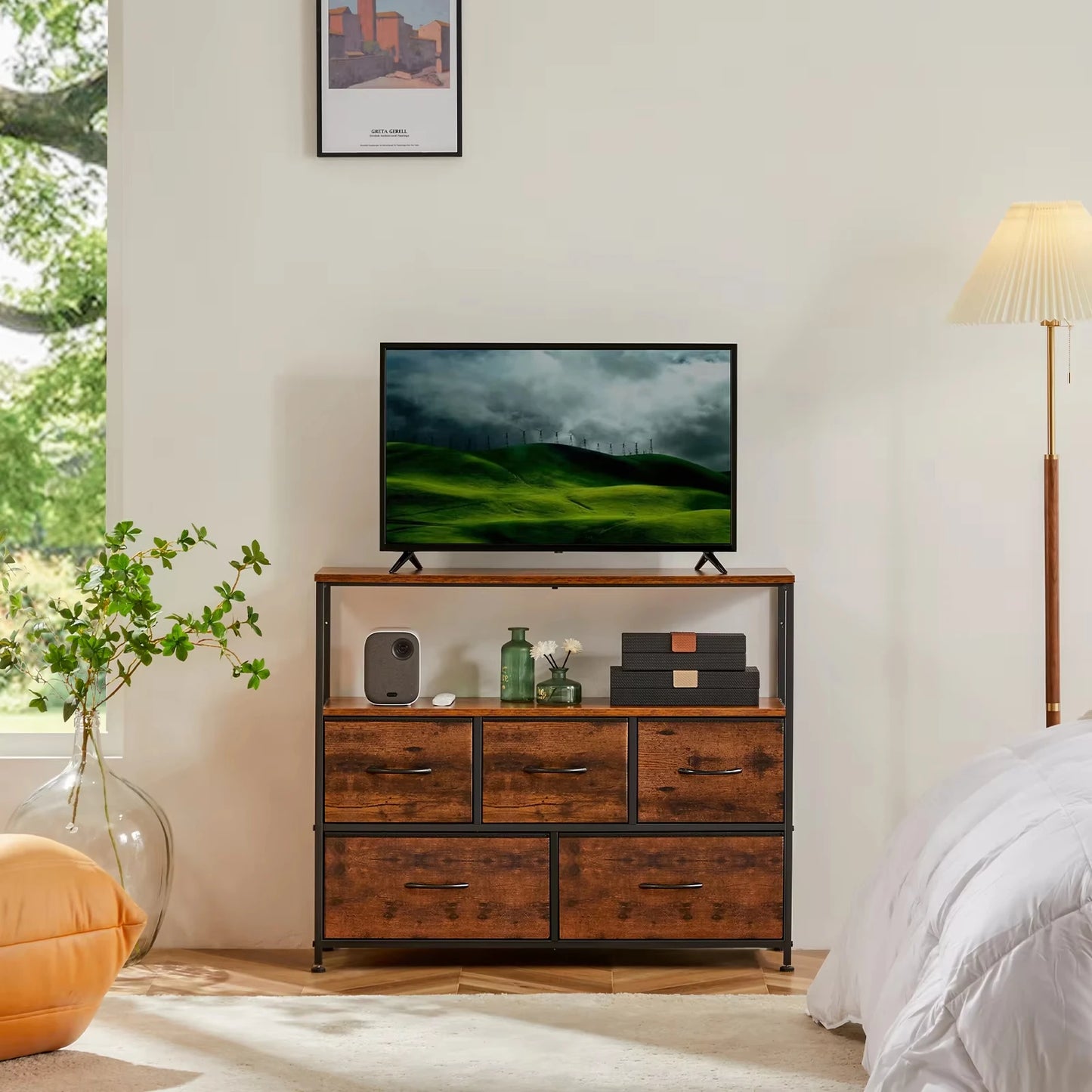 JHK Fireplace TV Stand Dresser With Fabric Drawers And Storage